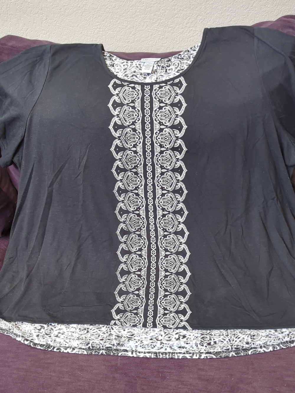 Catherines Black Short Sleeve Tee with White Embroidered Front Panel